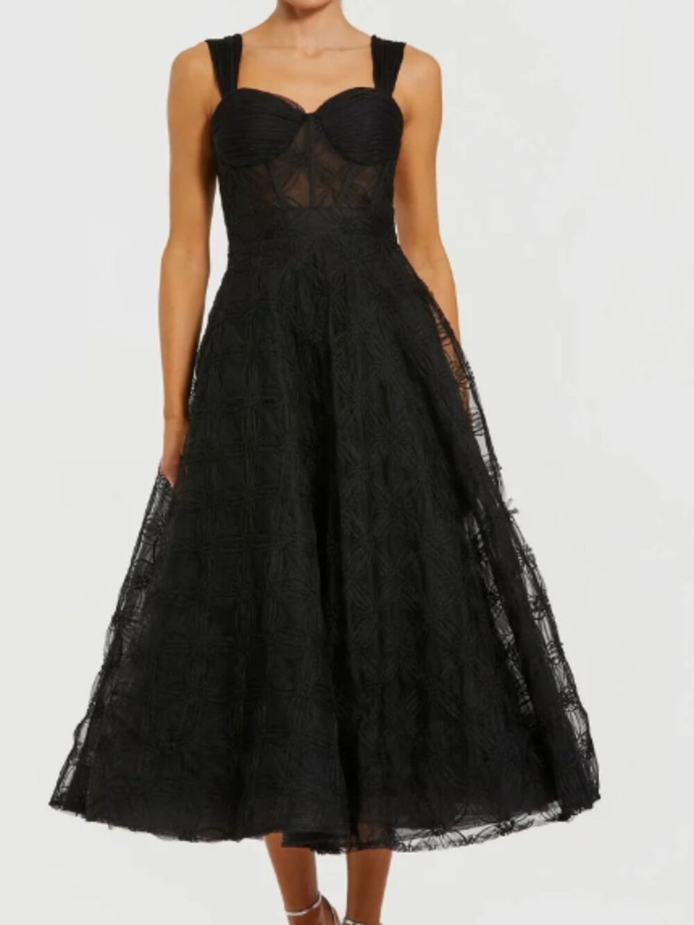 Black Bustier Sleeveless A-Line Tulle Midi Dress